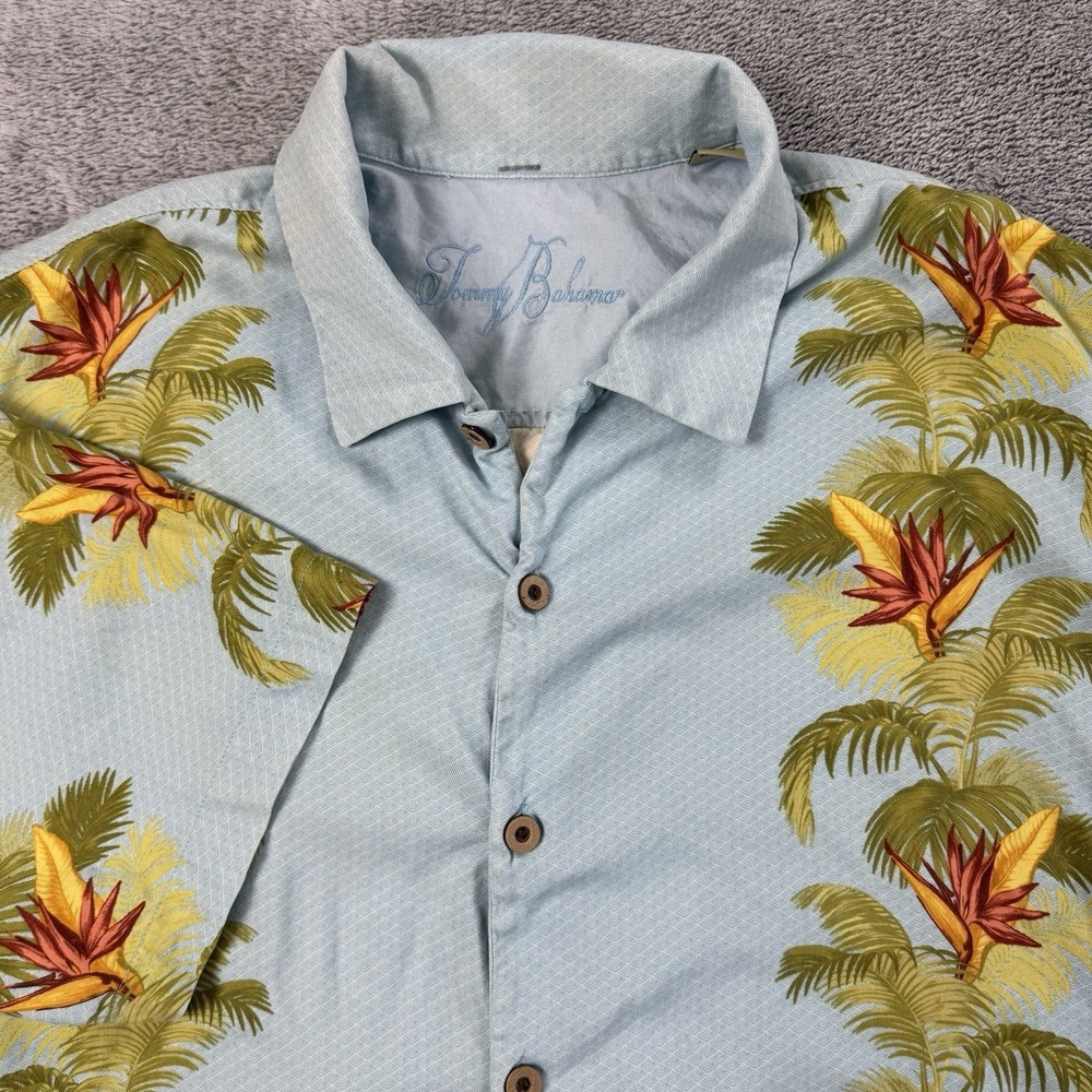 Tommy Bahama 100% Silk Blue Floral Hawaiian Shirt Aloha Button Down Size XL